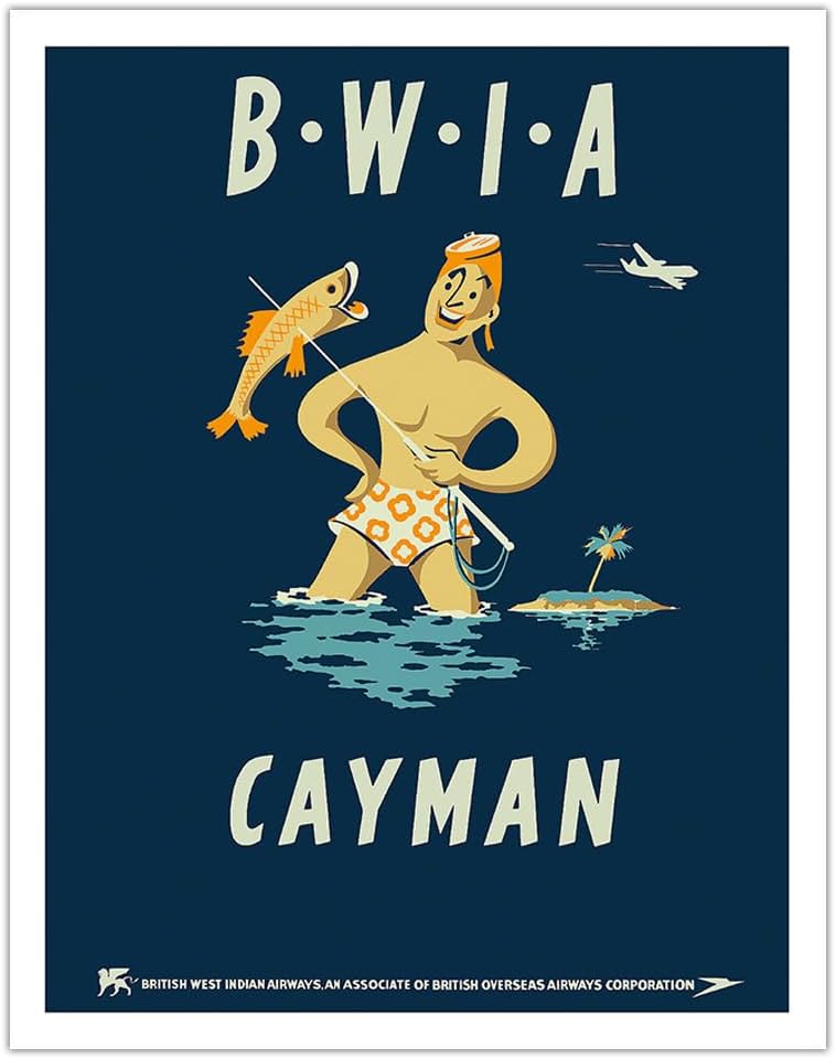 Cayman Islands - British West Indies Airways BWIA (Bee-Wee) - Vintage Airline Travel Poster by Dick Negus & Philip Sharland c.1950s - Fine Art Matte Paper Print (Unframed) 11x14in