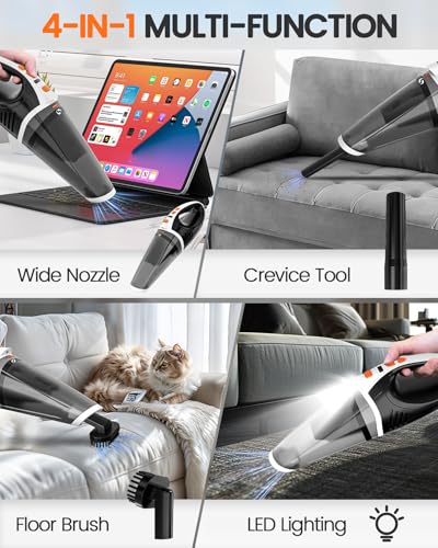 Handstaubsauger, Handstaubsauger Akku Kabellos mit 2 Geschwindigkeitsmodi, Tragbarer Wiederaufladbarer Mini Staubsauger mit LED-Leuchten, 5 in 1 Autostaubsauger für Haus Büro Auto Haustier