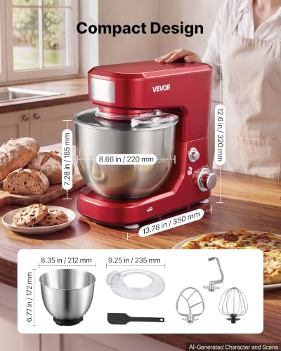 Image of VEVOR 5.3+4.2 Qt Tilt Head Stand Mixer 400W Electric Dough Mixer, 3 Speeds Food Kitchen Mixer with Stainless Steel Bowl, Splash Guard, Dough Hook, Whisk, Beater, for Baking Mixing Whipping