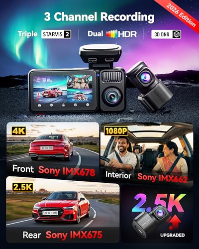 Image of REDTIGER F17 Elite [2026 Edition] 4K 3 Channel Dash Cam, Triple STARVIS 2 Sensor(IMX678 /675 /662), 4K+2.5K+1080P, Full Night Color, 5.8GHz WiFi 6, GPS, HDR, Touch & Voice Control, 128GB Card Included