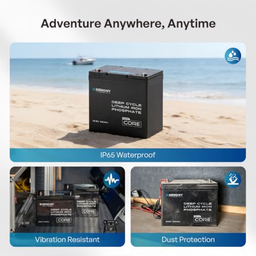 Image of Renogy 12V Lithium Battery 100Ah LiFePO4 Battery, 5000+ Deep Cycles Mini Size 100A BMS IP65 Group 22NF Marine Battery for Solar System, RV, Marine, Solar, Trolling Motor, Home Backup Power 3 Pack