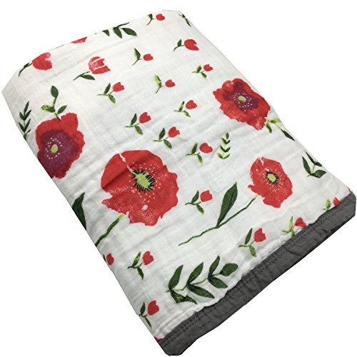 HGHG Bamboo Cotton Muslin Stroller Blanket (Poppy, 4 Layers)