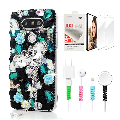 STENES Bling Case Compatible with LG Stylo 5 / Stylo 5V / Stylo 5 Plus - Stylish - 3D Handmade Sparkle Crystal Butterfly Pendant Rose Flowers Cover with Screen Protector & Cable Protector - Black