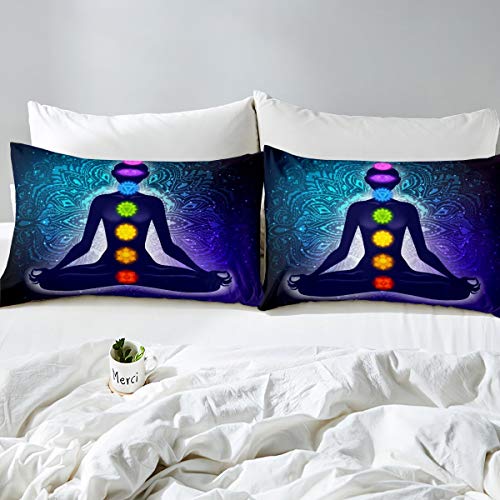 Yoga Duvet Cover Set King Size,Chakra Meditation Bedding Set,Blue Mandala Comforter Cover Boho Hippie Style With Chakra Art Print Bedspreads Cover,Kids Adult Room Decor Bed Cover With Zipper Dark Blue #TOP1