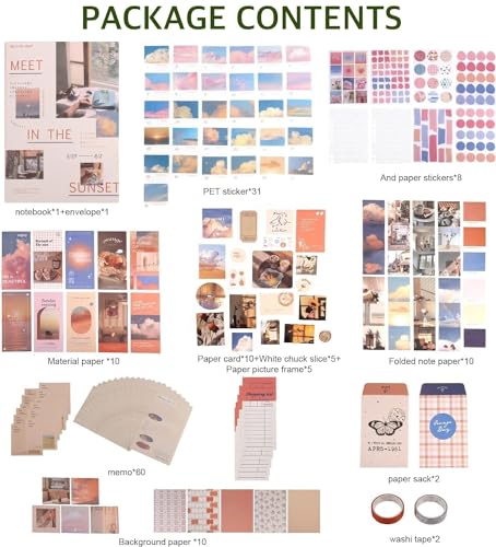 Image of MGNLR Paper Vintage Aesthetic Scrapbook Kit(346Pcs) Scrapbooking Supplies Kit with Bullet Junk Journal,Stationery,A6 Grid Notebook Journaling Gift for Girl (Sunset Scrapbook), Multicolour