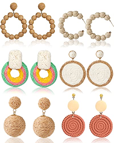Hazms 6 Pairs Rattan Flower Earring Straw Earrings Statement Earrings Geometric Dangle Earrings Handmade Woven Raffia Circle Dangle Drop Earrings for Women Girls Summer Beach Gifts