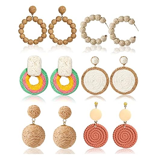 Hazms 6 Pairs Rattan Flower Earring Straw Earrings Statement Earrings Geometric Dangle Earrings Handmade Woven Raffia Circle Dangle Drop Earrings for Women Girls Summer Beach Gifts