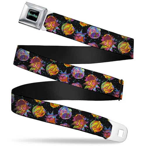 Rick and Morty Belt, Seatbelt Buckle Belt, Rick and Morty Vaporwave Expressions Scattered Multi Color, Youth 20 to 36 Inches