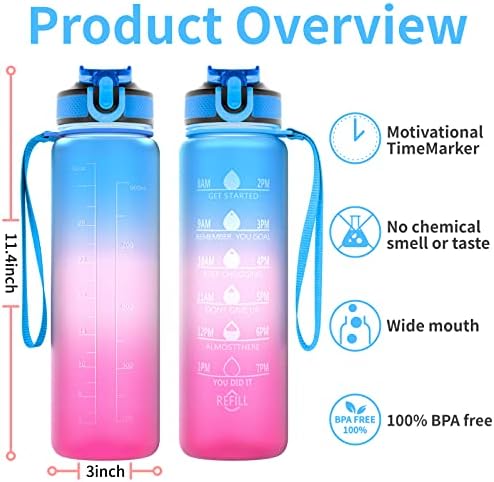SAKERIN 1 Litre Water Bottle with Straw,Leak-proof Water Bottle with Time Marker & Safety Lock,BPA Free Gym Water Bottles Perfect for Fitness Gym Camping Cycling