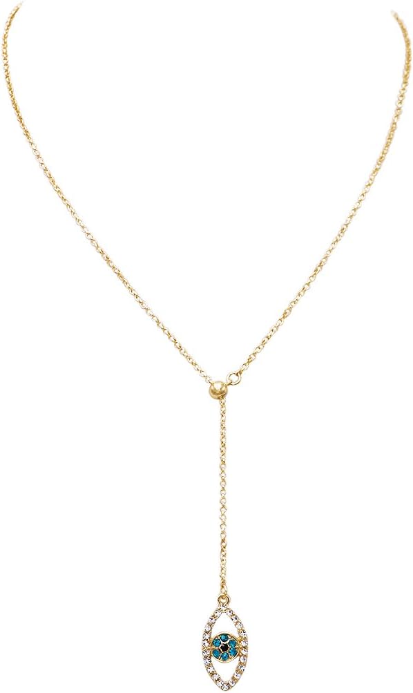 Rosemarie Collections Women's Protective Talisman Evil Eye Pave Crystal Adjustable Slide Y Drop Pendant Necklace Earrings Set, 17"+3" Extension