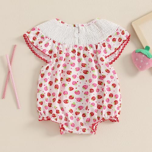 Baby Girl Strawberry Outfit Strawberry Print Smocked Romper Short Sleeve Jumpsuit Birthday Onesie Summer Clothes3