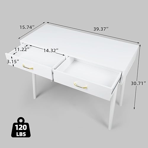 Miniatura 2 de Escritorio pequeño blanco con 2 cajones, escritorio moderno para espacios pequeños, escritorio de oficina en casa para estudio, escritorio de