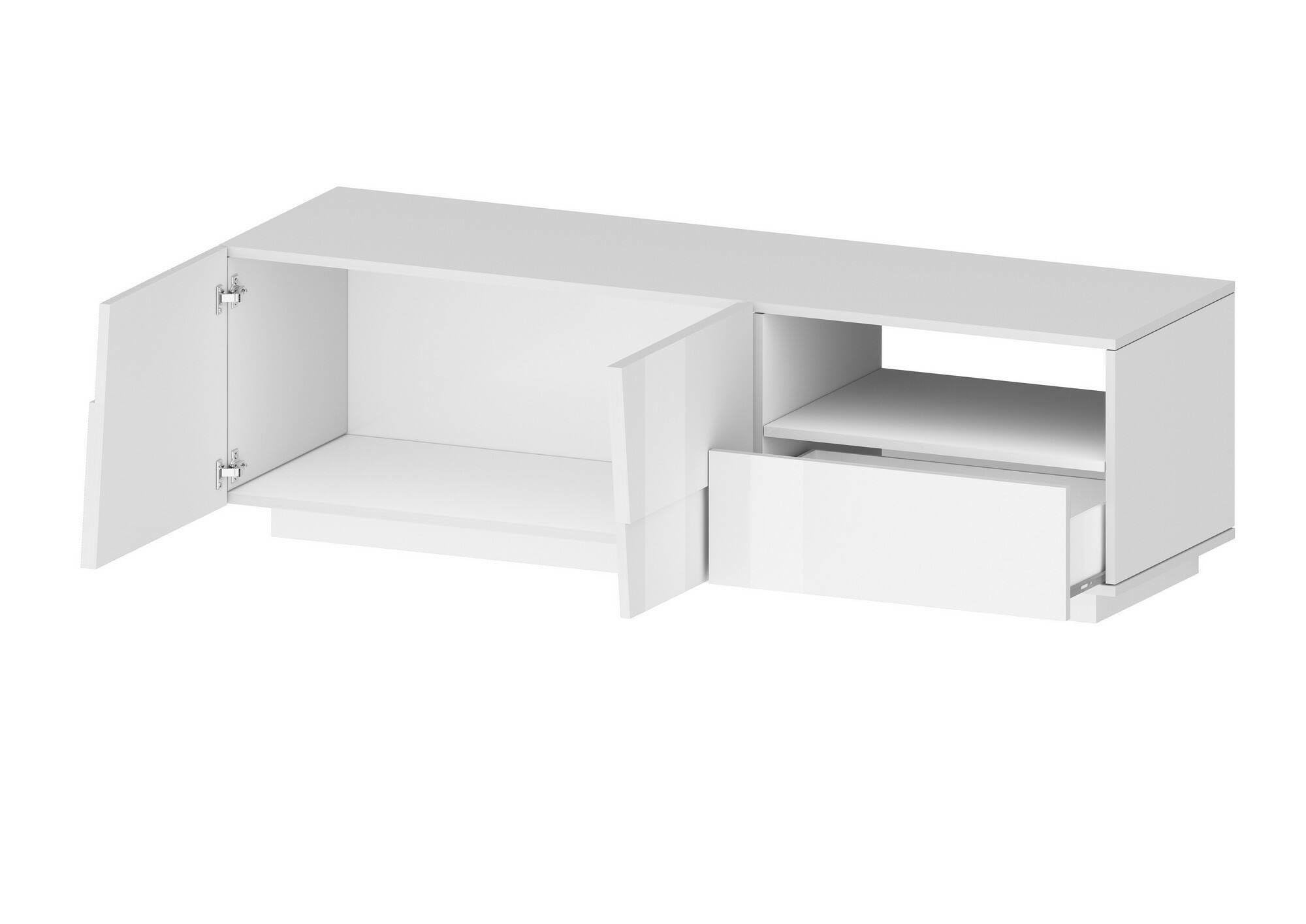 Dmora - Mobile porta TV Velio, Credenza bassa da soggiorno con 2 ante e 1 cassetto, Base porta TV, 150x44h46 cm, Bianco lucido