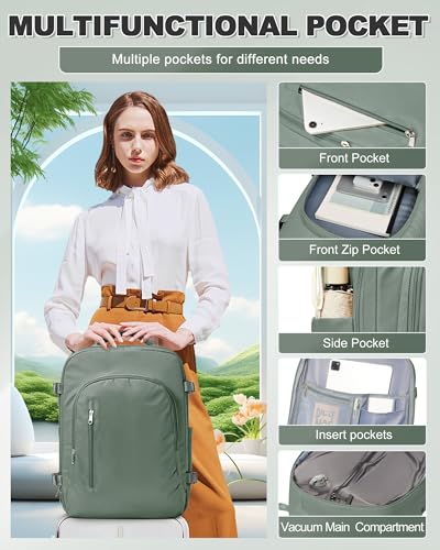 VGCUB Travel Vacpack Backpack with Vacuum System Electric Pump Storage Compression Carry on 18x14x8 Inches Personal Item Bags Work Business Waterproof College Backpack for Women Men Army Green 6