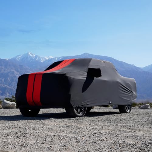 Image of iCarCover Premium Truck Cover for 2017-2026 Ford F-250, F-350 Super Duty, Super Cab, 6.8 ft. Regular Bed w /Trailer Mirror Pocket Heavy Duty Custom Fit Exterior Protection Covers (Stripe - Black /Red)