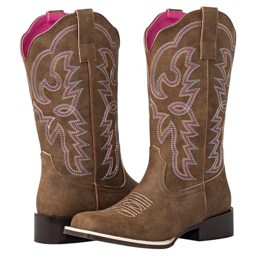 SheSole Women's Fashion Wide Square Toe Western Cowgirl Cowboy Boots Mid Calf2