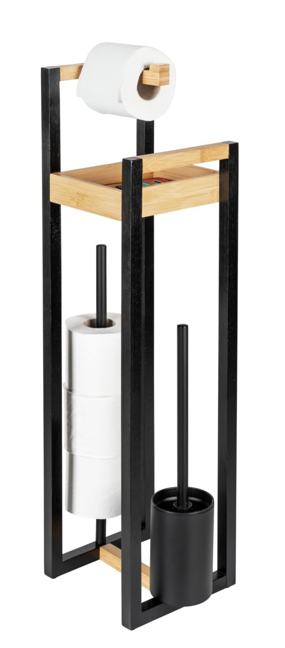WENKO Stand WC-Garnitur Mod. Braidi 4in1 FSC Zertifiziert aus Bambus mit Toilettenbürste Rollenhalter und Ablage Maße 26 x 75,5 x 20 cm Farbe Natur Schwarz
