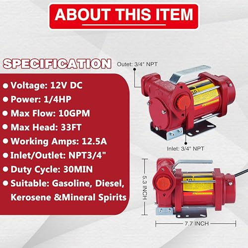 Image of TRUPOW 12V DC 10GPM Self-priming Heavy-duty Gasoline Fuel Oil Transfer Pump with Explosion-proof for Gasoline Diesel Kerosene & More