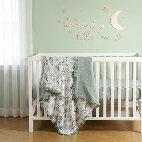 Image of Organic Baby Blanket Flounce Edge Large 50 inchx43 inch Leaf Sagegreen, 100% Cotton Muslin Soft Breathable Toddler Quilt Crib Blankets Gender Neutral for Baby Boys Girls Bassinet, Bed, Stroller & Snuggling