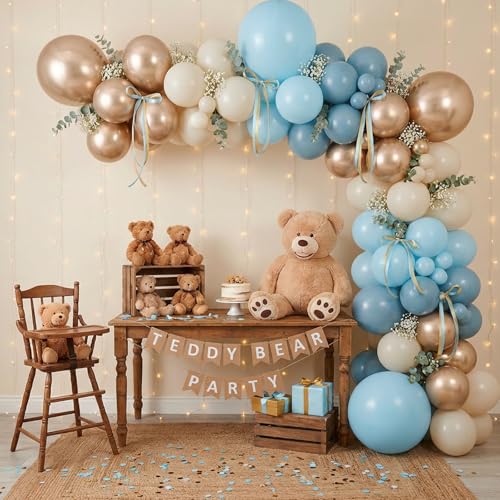 Image of RUBFAC Dusty Blue and Gold Balloons, 65pcs 12 Inches Champagne Gold Metallic Fog Baby Blue Balloon for Baby Boy Shower Bridal Birthday Wedding Party Decorations