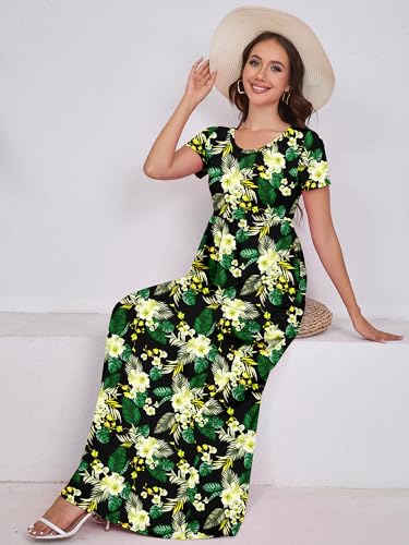 Image of DEARCASE Maxi Dress for Women Short Sleeve Casual Summer Loose Plain Comfy Long Dresses with Pockets
