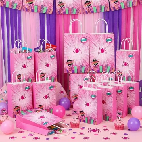 Image of Henoyso 24 Pcs Pink Spider Party Favor Goodie Bags with Handles Pink Ghost Theme Birthday Decorations Treat Candy Snack Gift Bags for Baby Shower Birthday Party Supplies