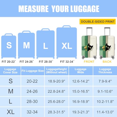 Image of Black Cat Peeking Door Luggage Cover - Stretchable Travel Suitcase Protector for 32-34 Inch Luggage - Whimsical Green Door and Beige Wall Design,XL