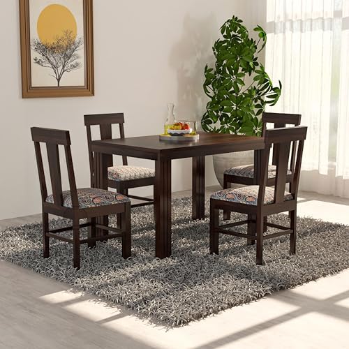 Image of VK Furniture Sheesham Solid Wood 4 Seater Dining Table Set of Four with 4 Print Cushion Chairs for Dinner Hall Kitchen Living Room Home Office Restaurant |L45 X W30 X H30|Dark Walnut