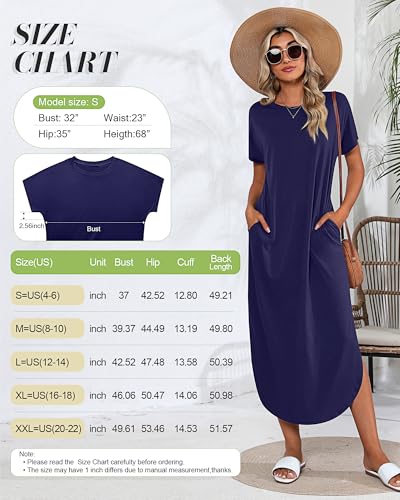 Image of Riyiper 2 Pieces Women's Short Sleeve Maxi Dress Round Neck Casual Loose Split Long Summer Beach Shirt Dress with Pockets (Navy Blue, Wine Red,Small)