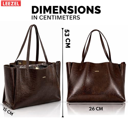 Image of LEEZEL Women's Structured Tote Bag - Large Capacity Work & Travel Purse Croco Pattern Vegan Leather Stylish Tote Bag Classic Everyday Shoulder Bag