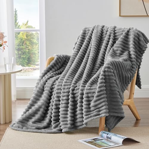 Image of BEDELITE Ribbed Twin Blanket for Couch & Bed, Grey, 60 inchx80 inch