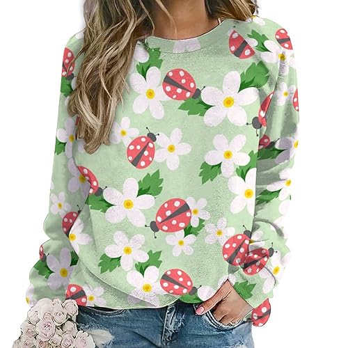 Cute Ladybug Floral Women's Sweatshirt Long Sleeve Round Neck Pullover Hoodies Tops Casual Sweaters M