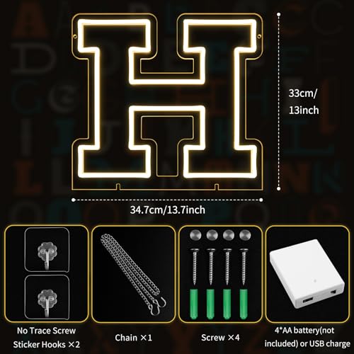 Image of Light Up Letters H, Led Marquee Letter Lights Neon Sign, 13 inch Height Decorative Lighted Alphabet Number, Battery /USB Powered Led Letters Lights for Wedding, Birthday, Party, Christmas or Home Decor