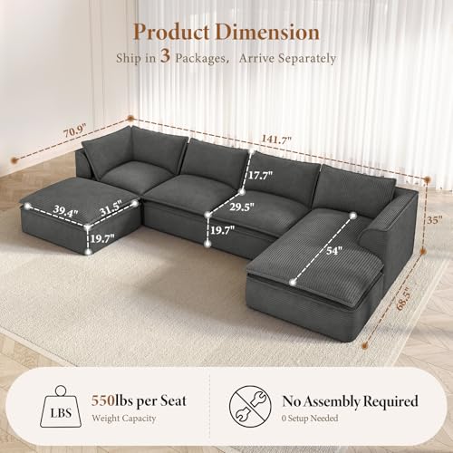 Image of Vesgantti 141.7 inch U Shaped Boneless Sectional Couch, Modern 6 Seater Modular Sofa with Chaise & Ottoman, Deep Seat Corduroy Cloud Couches for Living Room, No Assembly Required, Dark Gray