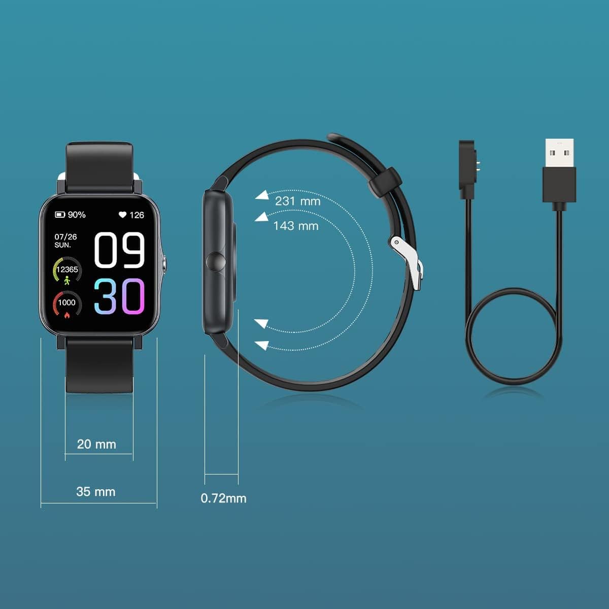 Diagram showing WGP Smart Watch GTS2 dimensions and magnetic charging cable.
