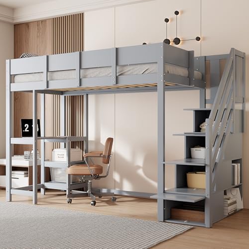 Generisch Litera multifuncional de madera de pino con espacio de almacenamiento, escritorio y rejas de seguridad, 90 x 200 cm, color gris