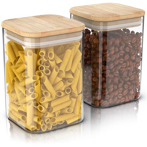 Arendo - Vorratsgläser mit Deckel 1200ml - 2er Set - Behälter aus Glas – hitzebeständig – Vorratsdosen/Vorratsbehälter mit Bambusdeckel - luftdicht - für Müsli Zucker Mehl Kaffee Reis