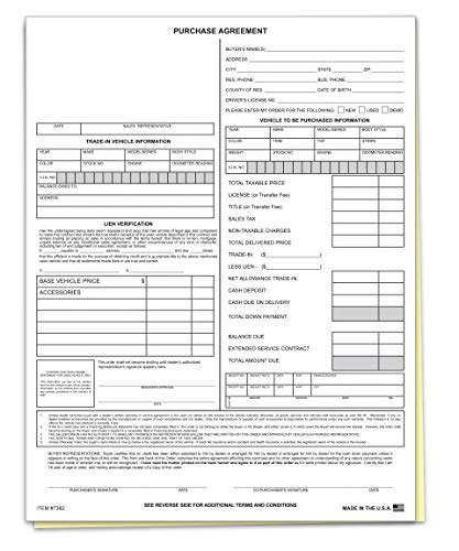 Vehicle Purchase Agreement Forms (2-Part) (100 per Pack) Auto Dealer Dealership Car Bill of Sale Purchase Agreement