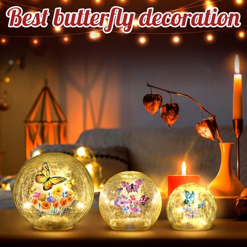 Image of 3pcs Spring Crackle Glass Ball Lights - Butterfly Ball Lamp Ornaments Indoor Globes Decorations LED Night Tabletop Decorative Sphere Lamp for Home Decor