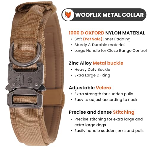 Image of Wooflix Metal Dog Collar for Training and Walks | Nylon Collar with Tactical Metal Buckle and D-Ring for Medium and Large Dogs | Dog Collar for Heavy Breed Dogs (Beige, Medium)