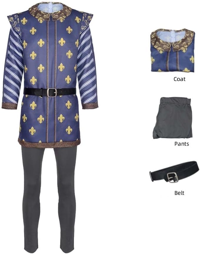 Mens Prince Charming Costume Halloween Prince Charming Cosplay Deluxe Set with Pants Belt Full Set