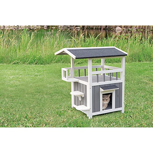 Trixie Outdoor Cat House, Weatherproof 2-Story Cat House with Balcony and Shade, Side Steps, Railings & Raised Floor, Outdoor Shelter for Cats and Small Dogs, Gray/White Fir Wood by Trixie - Image 2