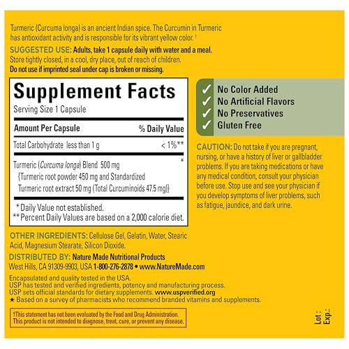 Nature Made Turmeric Curcumin 500 mg, Herbal Supplements, 120 Capsules - image 7