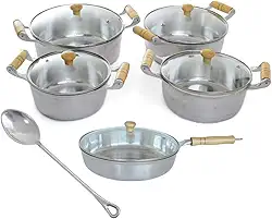 Jogo de Panelas e Frigideira Alumínio Fundido Batido Tampa de Vidro 5 Peças