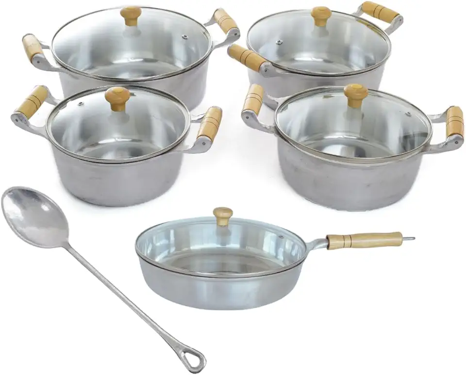 Jogo de Panelas e Frigideira Alumínio Fundido Batido Tampa de Vidro 5 Peças