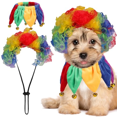 EXPAWLORER Dog Halloween Costume, 2 Pack Funny Doggie Cosplay Rainbow Jester Clown Wig with Collar, Adjustable Headwear Dress Up Holiday Apparel for Party for Small Medium Large Dogs Puppies Cats