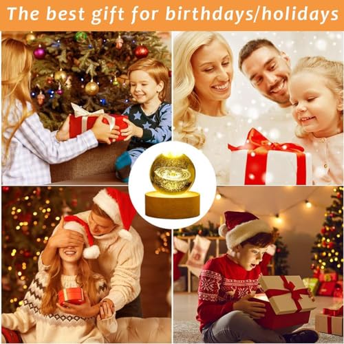 Image of UCRAVO 3D Galaxy Crystal Ball with Wooden Base, 3D Solar System, Planet Engraved Glass Ball Cosmic Model, Luminous Crystal for Christmas Nightlight Astronomy Gifts for Kids Birthday