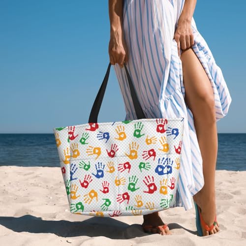 Large Capacity Beach Bag Waterproof Pool Tote for Gym Swimming Camping Carry On Bag Colorful Hand Shapes Rainbow Print3