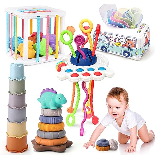 Image of 5 in 1 Baby Montessori Toys Set Include Shape Sorter Bin with Sound, Baby Tissue Box, Stacking Cups, Pull String Toy, Soft Stacking Rings, Sensory Toys for Infants Toddlers