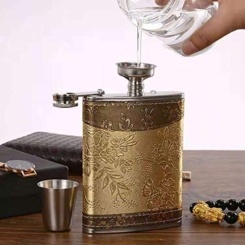 Golden Pattern 8 Oz Gift 100% Stainless Steel(304/18-8 Ss).Bonus 2 Shot Glass+1Funnel+1Giftbox.flask Leak Proof Tested.flask For Liquor/Alcohol.flask For Men/Women #TOP1